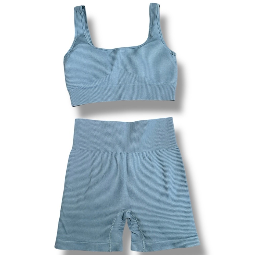 OQQ Women's Ribbed Seamless Sports Bra & Biker Shorts Set Blue L Activewear